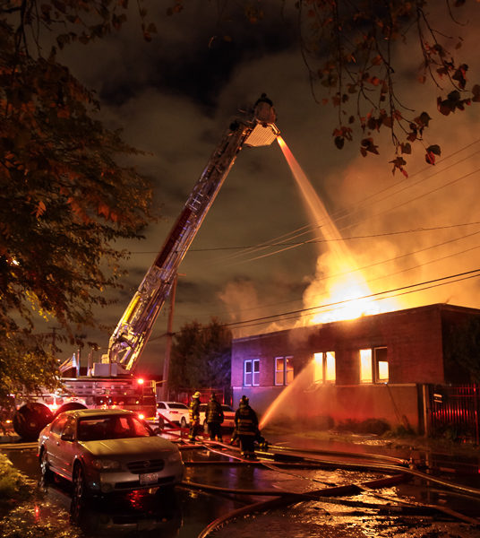 fire scene at night in Chicago