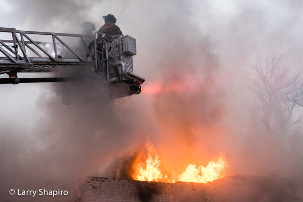 E-ONE tower ladder at fire scene