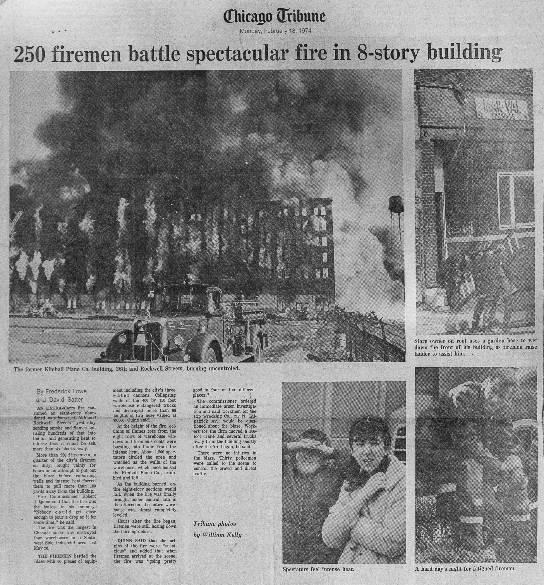 Vintage Chicago Tribune news clipping of a 5-11 Alarm fire in Chicago, February 17, 1974 