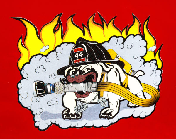 Bull dog character on fire truck