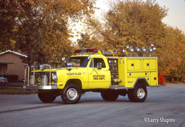 vintage photo of Markham Fire Department (IL) Squad 55 in the original color built by Seagrave on a Dodge chassis