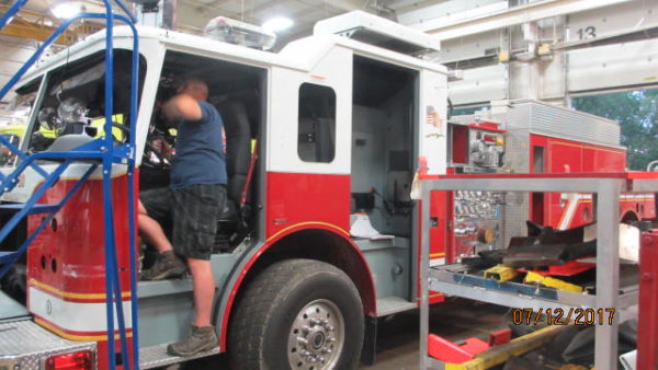 fire truck in body shop at Pierce