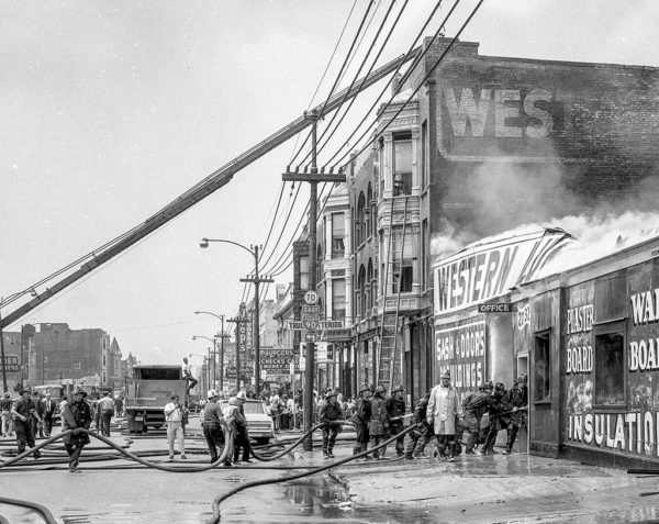historic fire scene photo in Chicago with Fire Commissioner Robert J Quinn