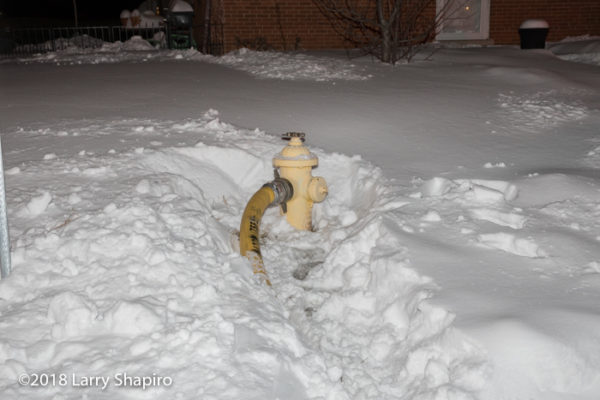 fire hydrant buried by snow with hose line