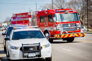 Wheeling FD Engine 42 Rosenbauer America Commander fire engine blocking at a crash scene