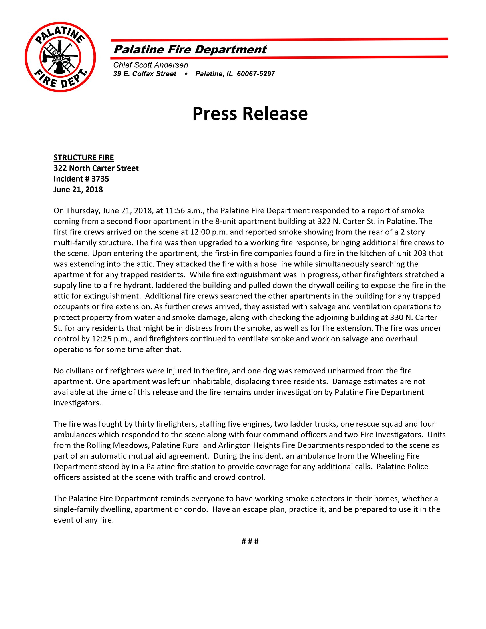 Palatine Fire Department press release