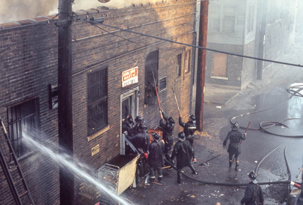 vintage Chicago fire scene photo from a Liquor store fire October 1970