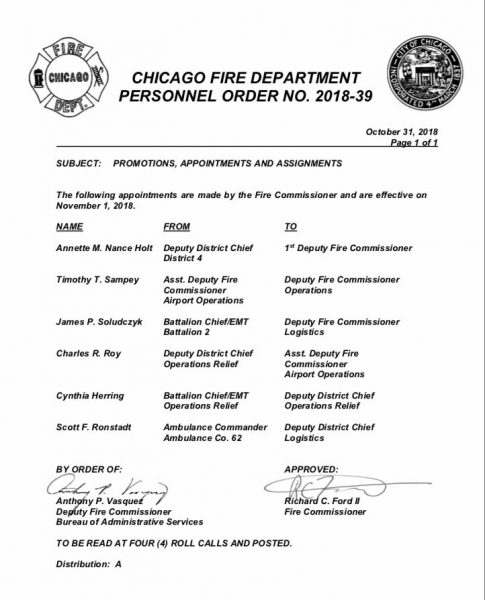 Chicago FD Personnel Order 2018-39