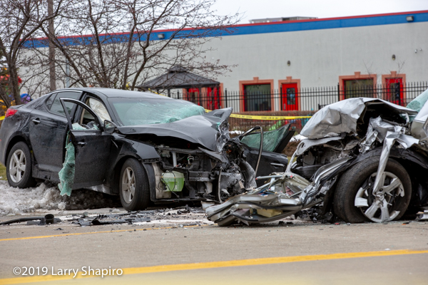 Two cars destroyed after head-on crash in Wheeling, IL 2/5/19 that injured four people.