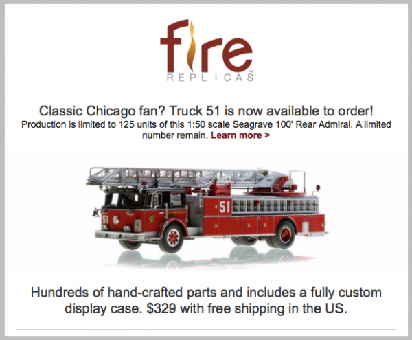Fire Replica model of Chicago FD Truck 51 Seagrave aerial