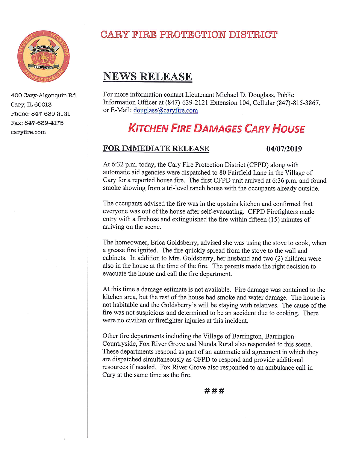 Cary Fire Department press release
