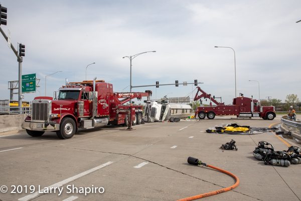 Overturned tanker truck uprighted by Schmitt's Truck Repair