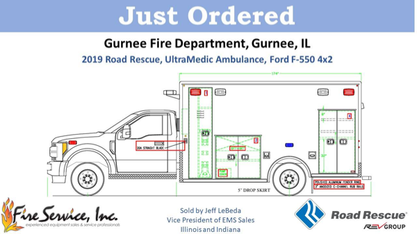 Drawing of a 2019 Road Rescue Ultramedic Type 1 F550 ambulance for the Gurnee Fire Department