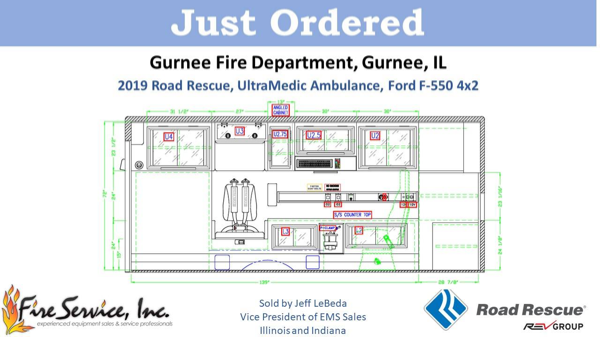 Drawing of a 2019 Road Rescue Ultramedic Type 1 F550 ambulance for the Gurnee Fire Department
