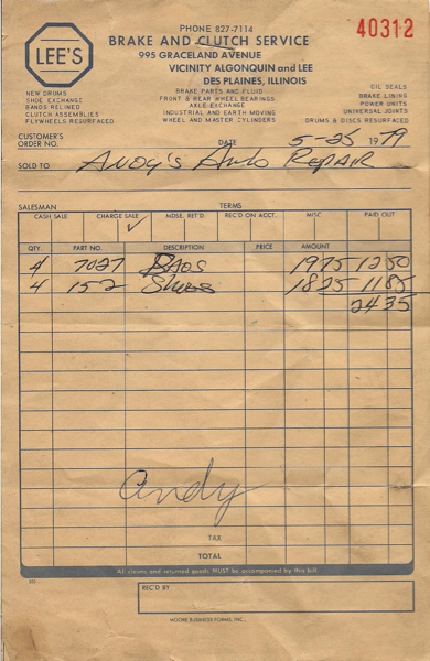 Repair receipt from 5-25-79, the day of the American Airlines Flight 191 crash