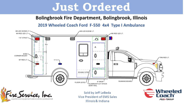 Drawing of a 2019 Ford F550 Type 1 Wheeled Coach ambulance for the Bolingbrook FD