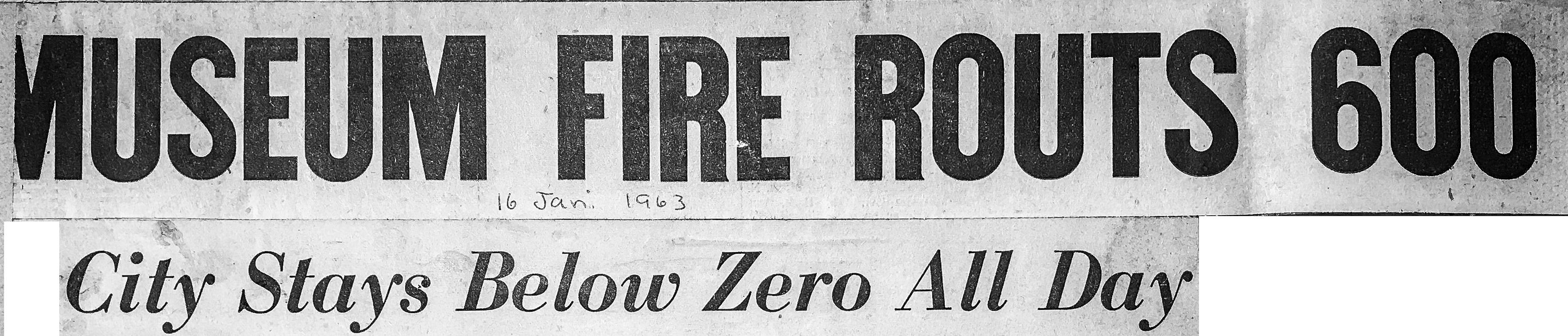 vintage news clipping of Chicago Fire Department history, a 3-11 Alarm fire at the Museum of Science and Industry in 1963