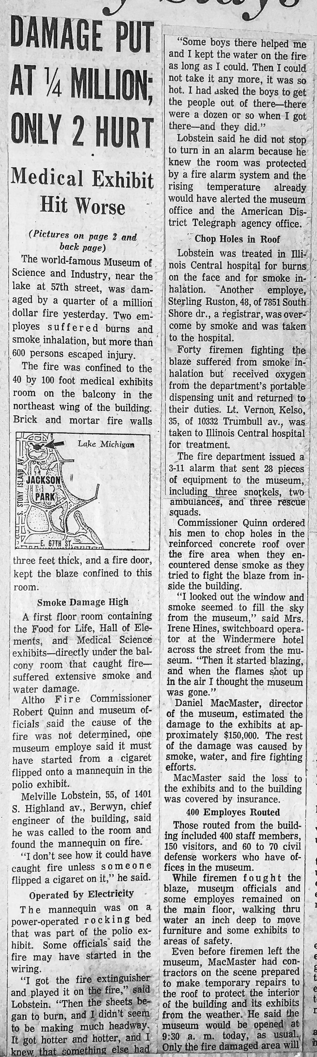 vintage news clipping of Chicago Fire Department history, a 3-11 Alarm fire at the Museum of Science and Industry in 1963