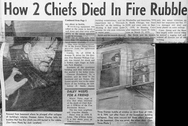 historic newspaper clipping of fatal Chicago fire