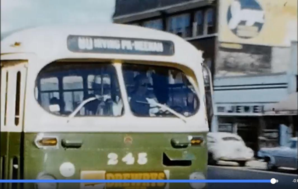 still frame from 1952 from movie showing old Chicago transit bus