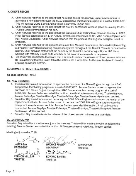 Pleasantview Fire Protection District Board Meeting 1/14/20 minutes