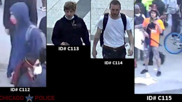 surveillance images of four suspects wanted in connection with an arson incident that occurred in downtown Chicago during civil unrests and looting that took place in late May