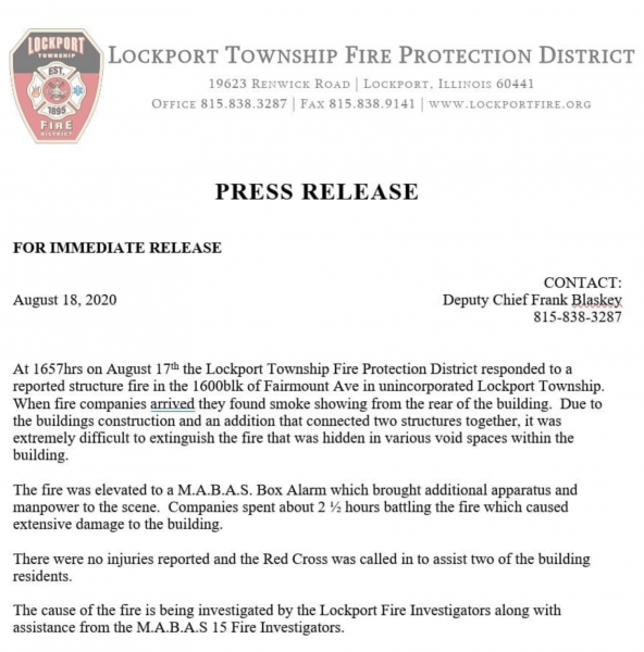 Lockport Township FPD press release