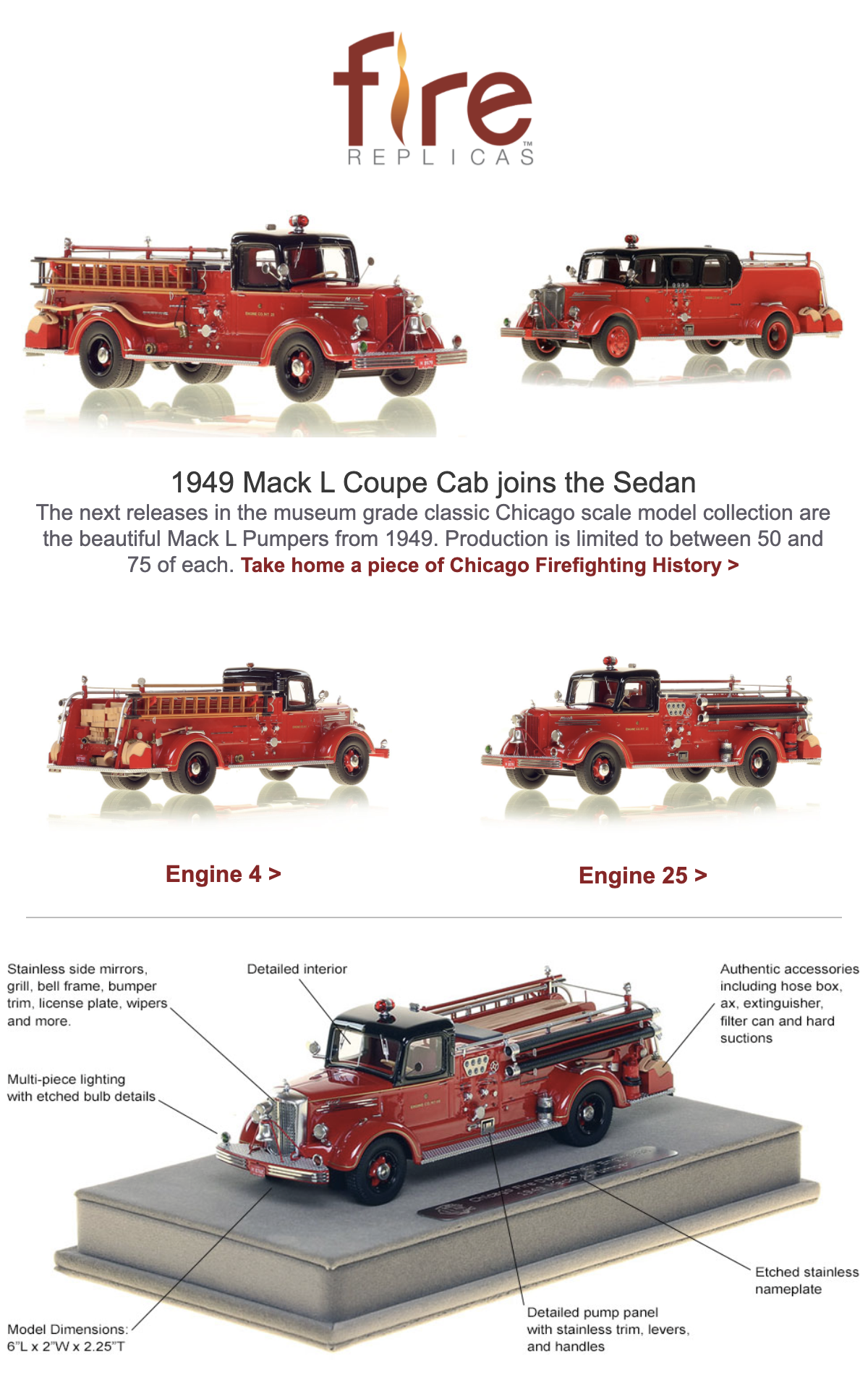 from Fire Replicas - Chicago FD die-cast model of 1948 Mack L sedan cab pumper