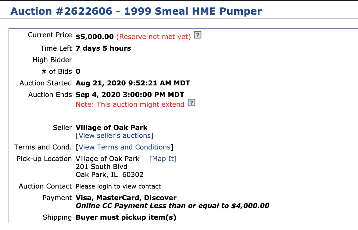 Oak Park FD 1999 HME/Smeal fire engine is for sale