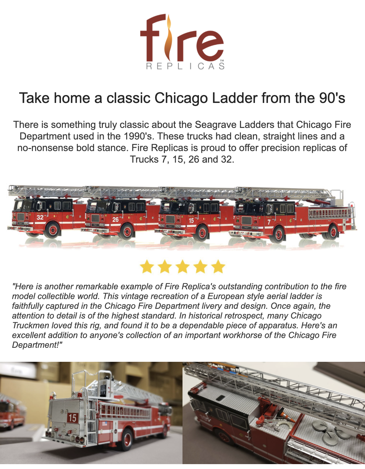 Fire Replicas Chicago FD 1990s era Seagrave aerial ladders
