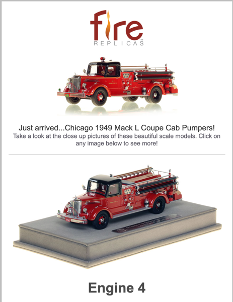Diecast model of 1949 Chicago FD Mack fire engine 