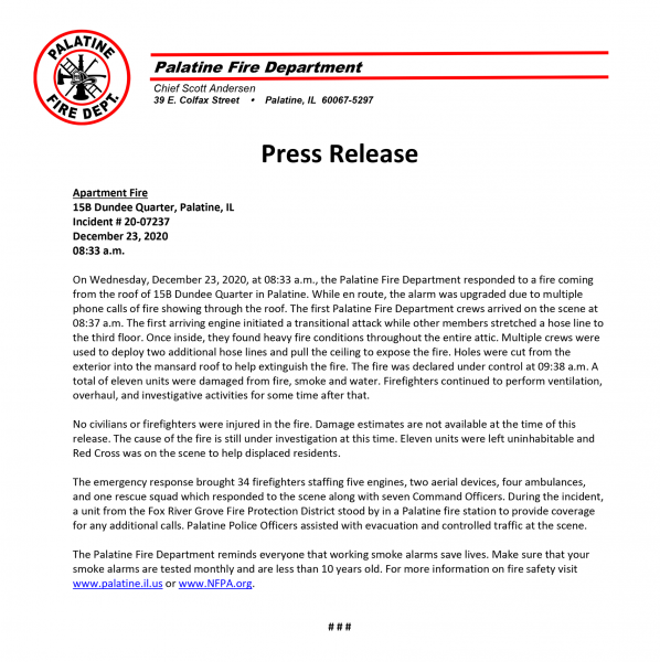 Palatine FD press release - apartment fire 12/23/20 at 15B Dundee Quarter Drive