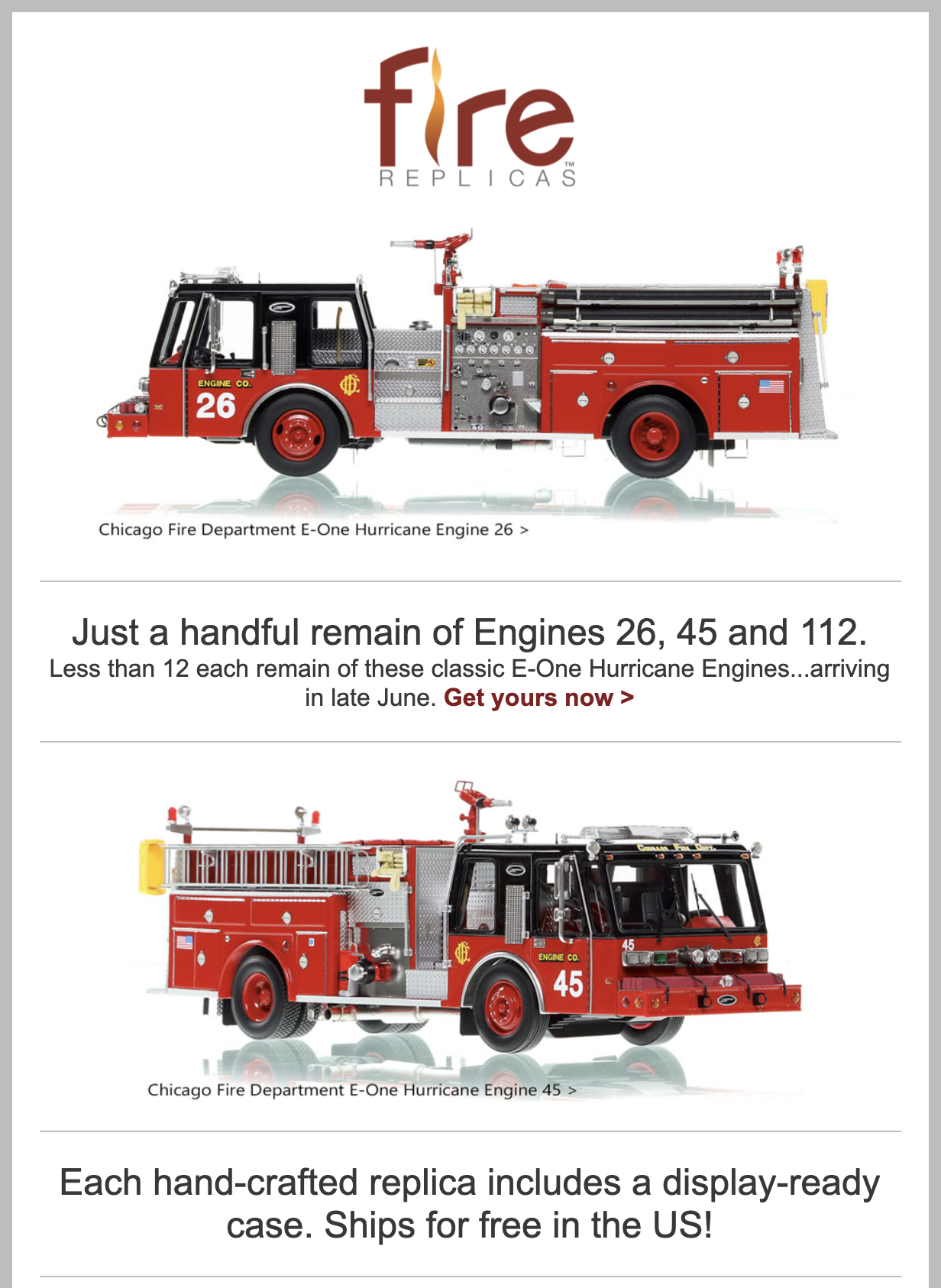 Fire Replicas 1985 E-ONE Hurricane fire engines in Chicago