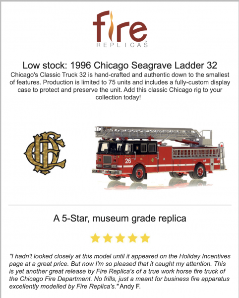 Fire Replicas model of 1996 Chicago FD Seagrave aerial ladder