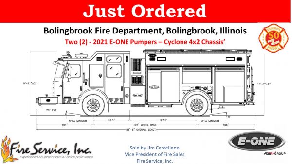 drawing of a new E-ONE Cyclone eMAX rescue pumper for the Bolingbrook FD in Illinois