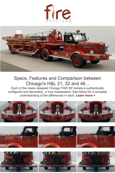 Fire Replicas model of Chicago FD 1954 FWD tractor-drawn aerial