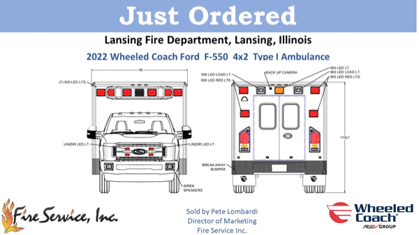 drawing of a 2022 Wheeled Coach Ford F-550 4x2 Tvpe I Ambulance for the Lansing FD