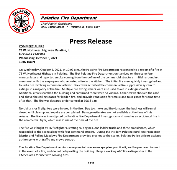 palatine Fire Department Press Release