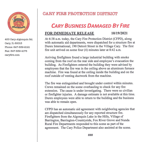 Cary Fire Protection District press release