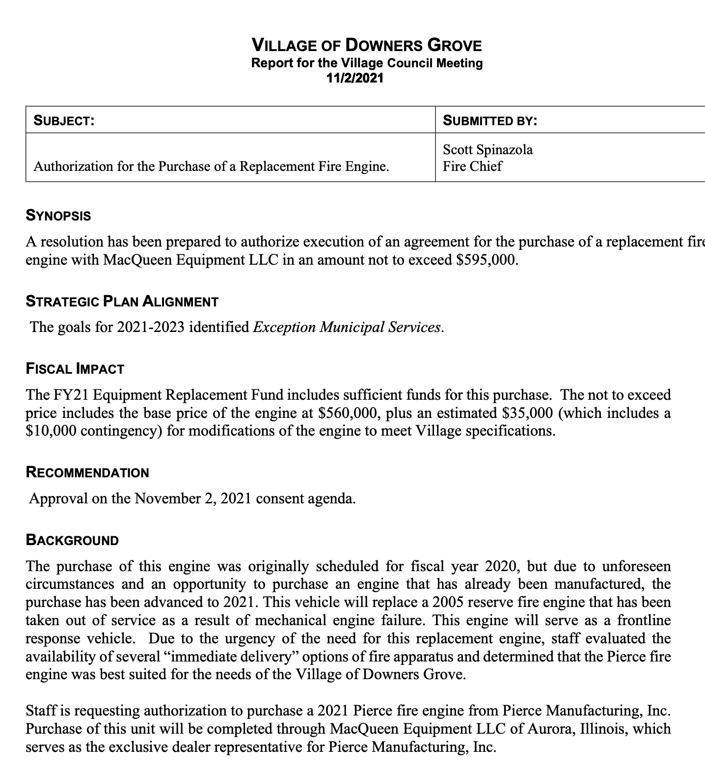 Village of Downers Grove 11-2-21 agenda minutes to purchase Pierce fire engine