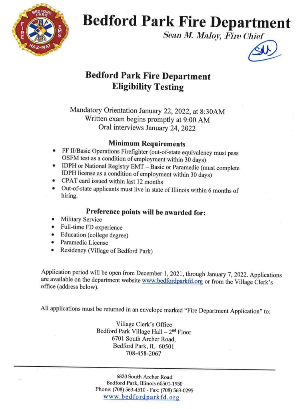The Bedford Park FIre Department is hiring Firefighters