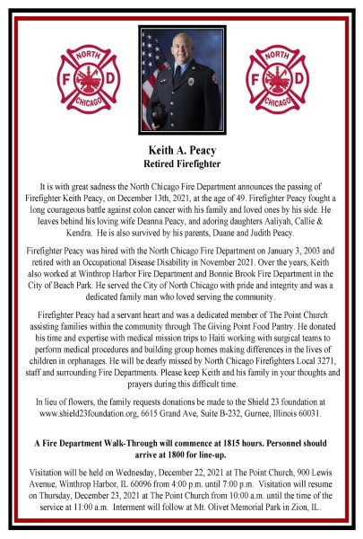 Funeral announcement for the passing of North Chicago FD Firefighter Keith Peacy
