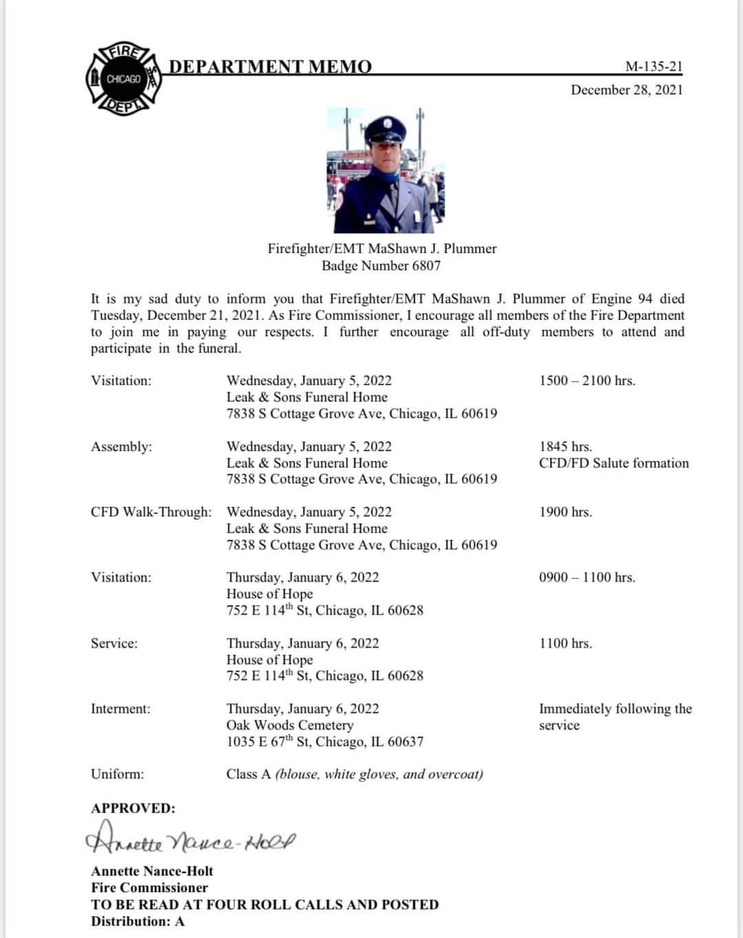 funeral arrangements for Chicago FD Firefighter Mashawn Plummer of Engine Co. 94