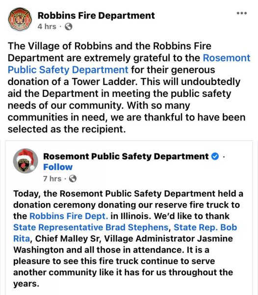 The Village of Rosemont donated a fire truck to the Robbins Fire Department