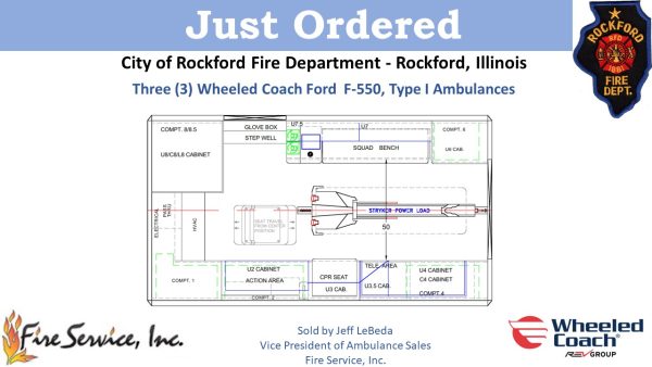 drawing of 2022 Ford F550 Wheeled Coach Type 1 ambulance for the Rockford Fire Department