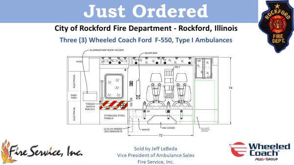 drawing of 2022 Ford F550 Wheeled Coach Type 1 ambulance for the Rockford Fire Department