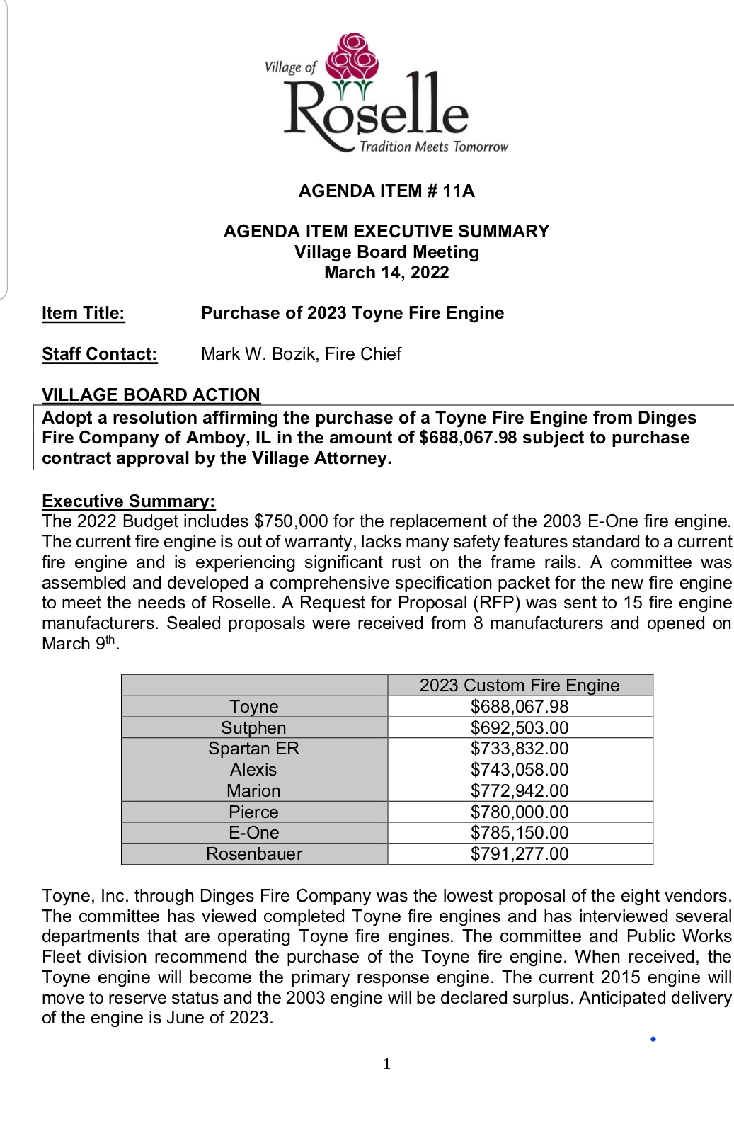 bid prices for new fire engine