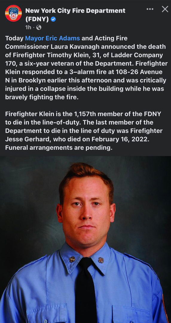 FDNY LODD 4-24-22 Firefighter Timothy Klein