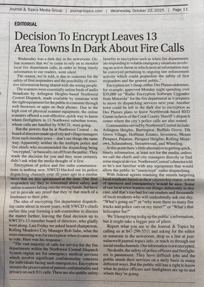 #chicagoareafire.com; #NWCD; #encryption; #fire; #radio; #dispatching