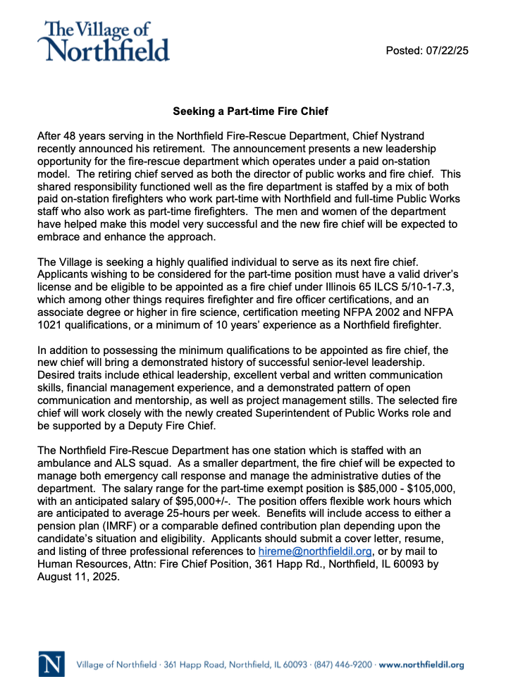 #chicagoareafire.com; #MikeNystrand; #NorthfiledFireDepartment; #seekingfirechief; 